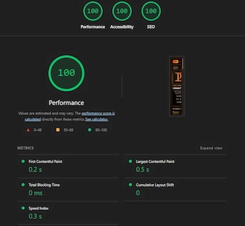 Mobile Lighthouse report showing strong performance, accessibility and SEO scores